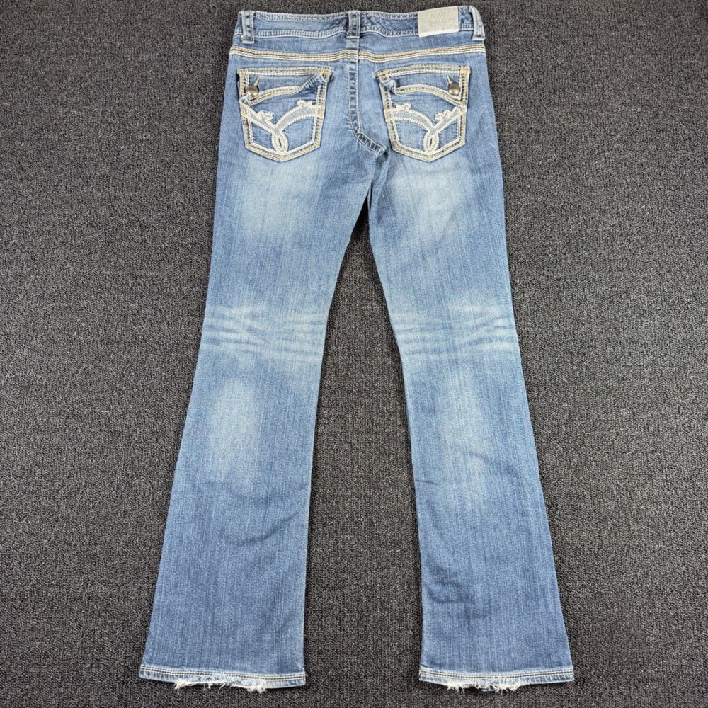 Y2K Maurices Bootcut Jeans Women 7/8 Long Low Rise Flare Medium Wash Flap Pocket